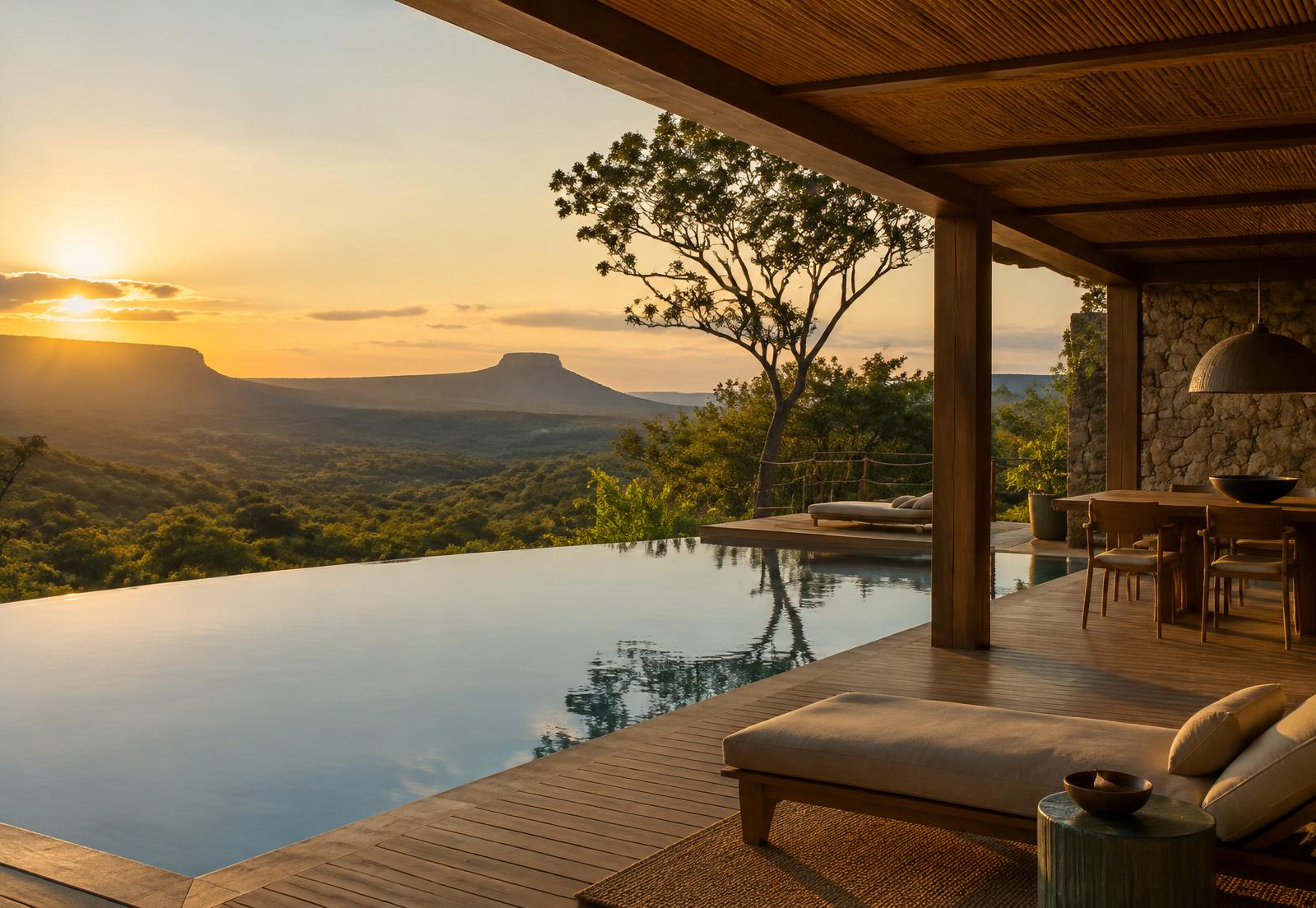 Terraço de resort com piscina ao pôr do sol